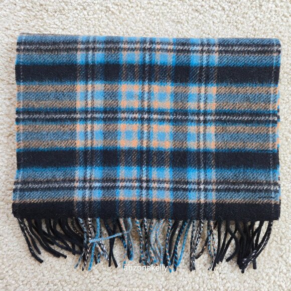 NWOT Nordstrom Cashmere & Wool Plaid Woven Fringe Scarf Blue Black Grey